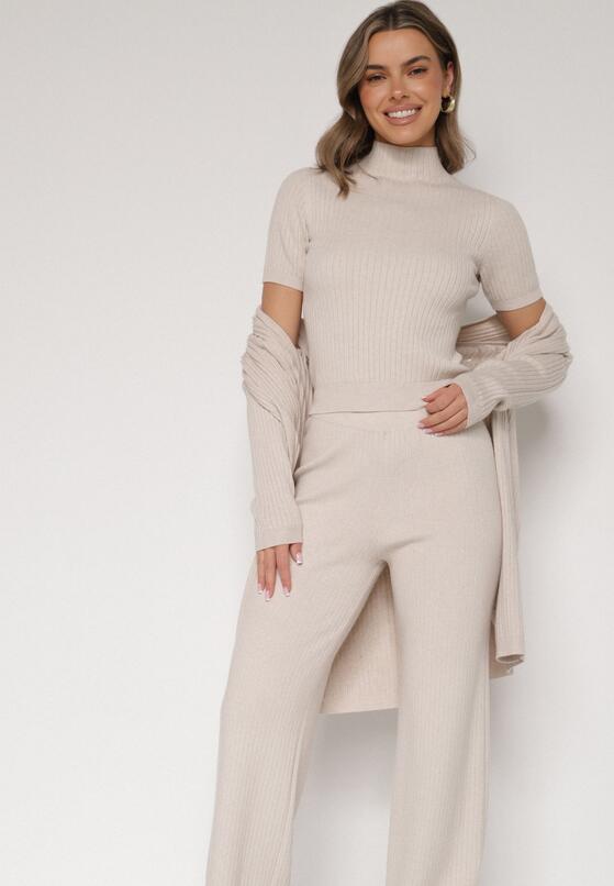 Beżowy Dzianinowy Komplet z Wiskozą Spodnie Bluzka z Półgolfem i Kardigan Vetisena 5