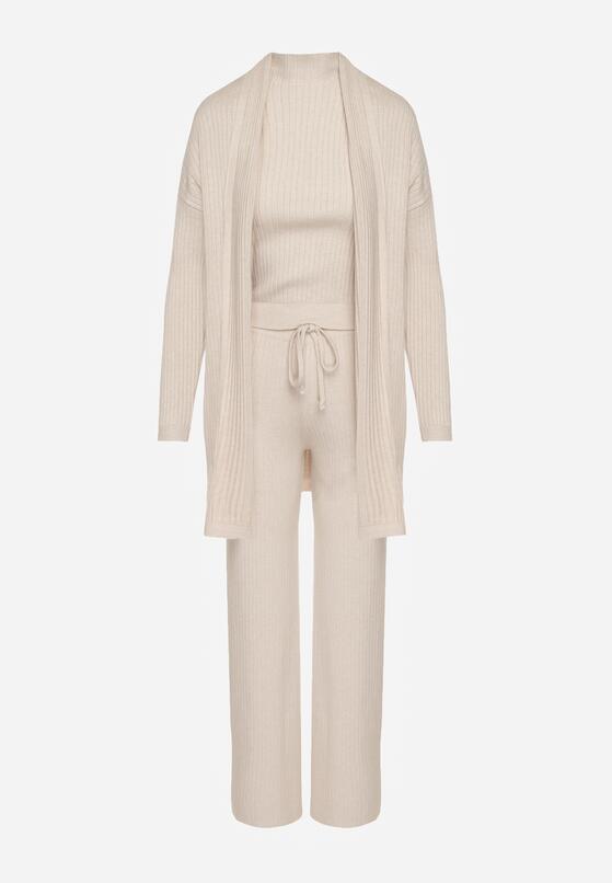 Beżowy Dzianinowy Komplet z Wiskozą Spodnie Bluzka z Półgolfem i Kardigan Vetisena 6