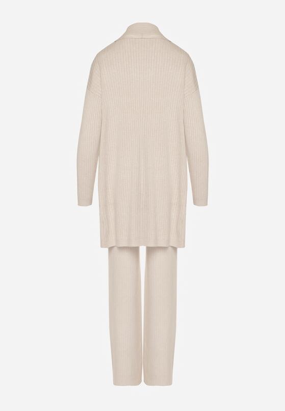 Beżowy Dzianinowy Komplet z Wiskozą Spodnie Bluzka z Półgolfem i Kardigan Vetisena 7