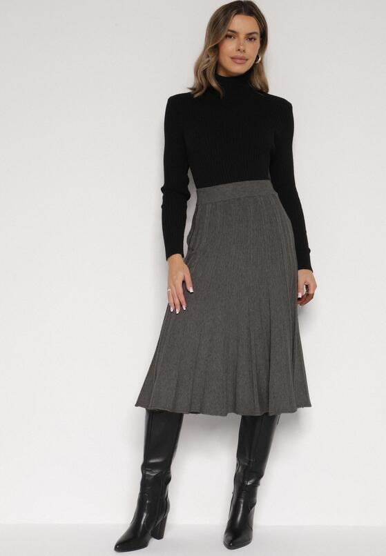 Ciemnoszara Rozkloszowana Plisowana Spódnica Dzianinowa Tussana 4