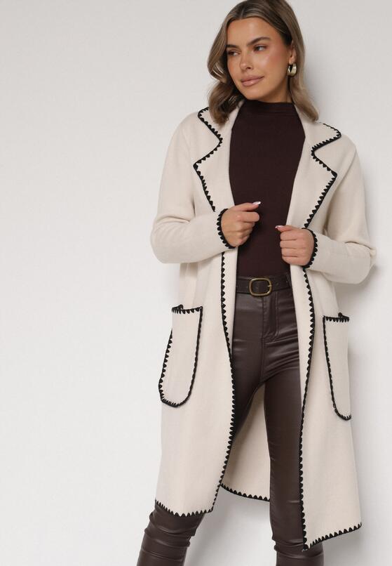 Beżowy Kardigan Ozdobiony Lamówką Tusbena 2