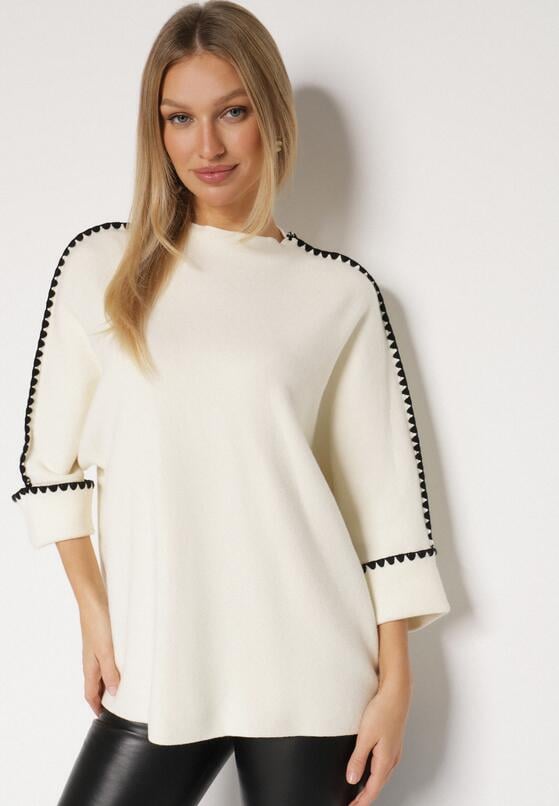Jasnobeżowy Sweter z Kontrastową Lamówką Tuselle 4