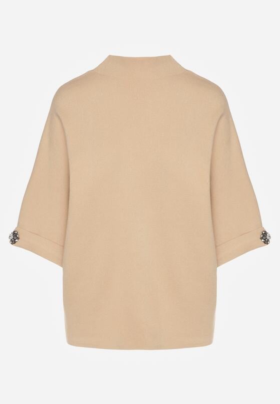 Beżowy Sweter Ozdobiony na Rękawach Cyrkoniami Aletusa 1