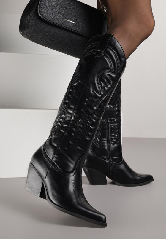 Czarne Kozaki Kowbojki na Stożku z Przeszywanym Wzorem na Cholewce Feressa 2