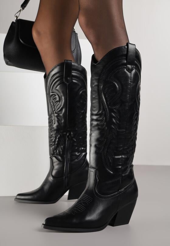 Czarne Kozaki Kowbojki na Stożku z Przeszywanym Wzorem na Cholewce Feressa 1