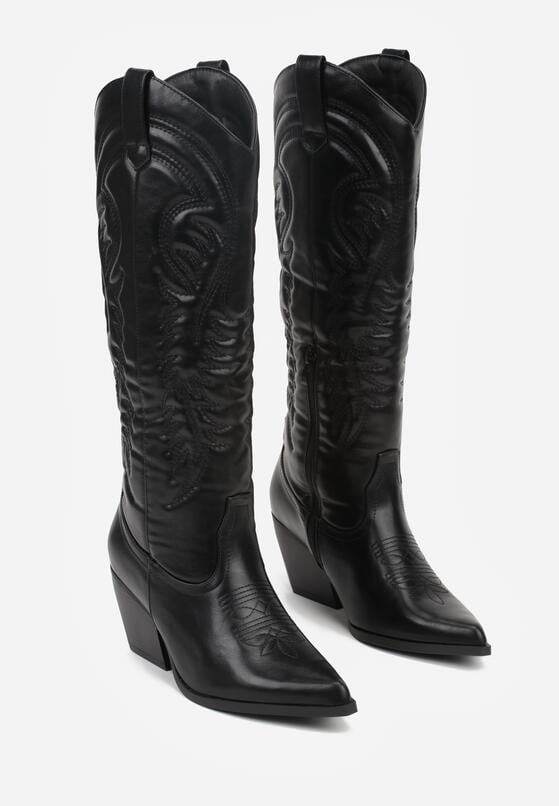 Czarne Kozaki Kowbojki na Stożku z Przeszywanym Wzorem na Cholewce Feressa 5