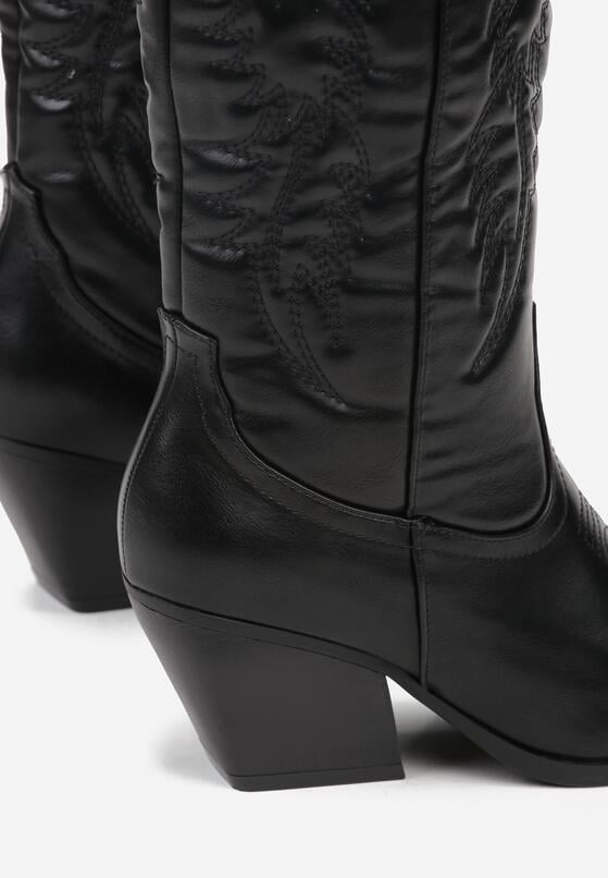 Czarne Kozaki Kowbojki na Stożku z Przeszywanym Wzorem na Cholewce Feressa 6