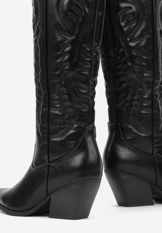 Czarne Kozaki Kowbojki na Stożku z Przeszywanym Wzorem na Cholewce Feressa 7