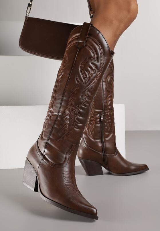 Brązowe Kozaki Kowbojki na Stożku z Przeszywanym Wzorem na Cholewce Feressa 2