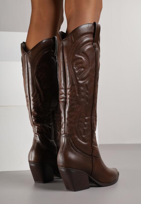 Brązowe Kozaki Kowbojki na Stożku z Przeszywanym Wzorem na Cholewce Feressa 3