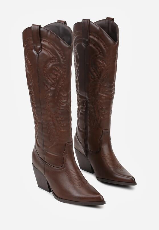 Brązowe Kozaki Kowbojki na Stożku z Przeszywanym Wzorem na Cholewce Feressa 5