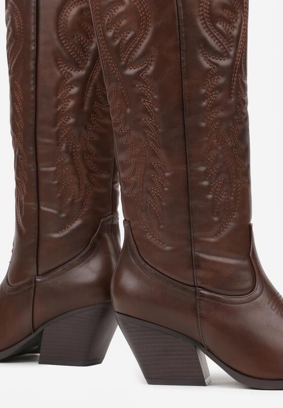 Brązowe Kozaki Kowbojki na Stożku z Przeszywanym Wzorem na Cholewce Feressa 6