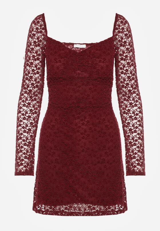 Bordowa Koronkowa Sukienka o Dopasowanym Kroju z Kwadratowym Dekoltem Tiwedesa 6