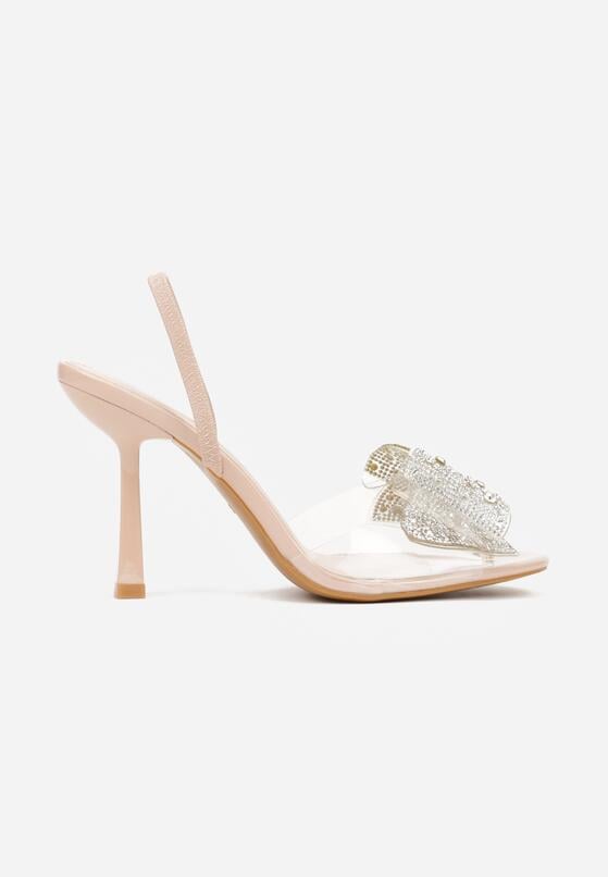Beżowe Sandały na Szpilce z Transparentnym Paskiem i Kokardką z Cyrkoniami Celesti 4