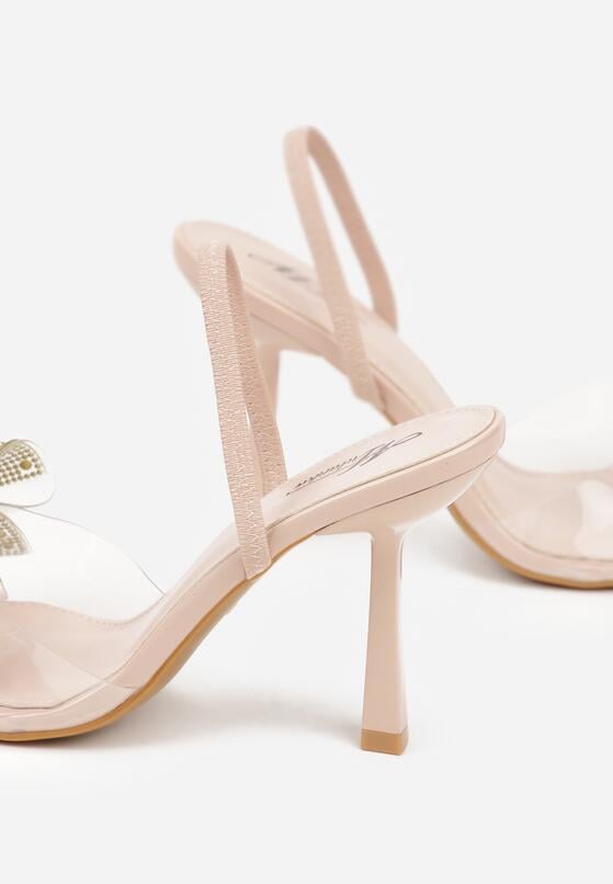Beżowe Sandały na Szpilce z Transparentnym Paskiem i Kokardką z Cyrkoniami Celesti 6