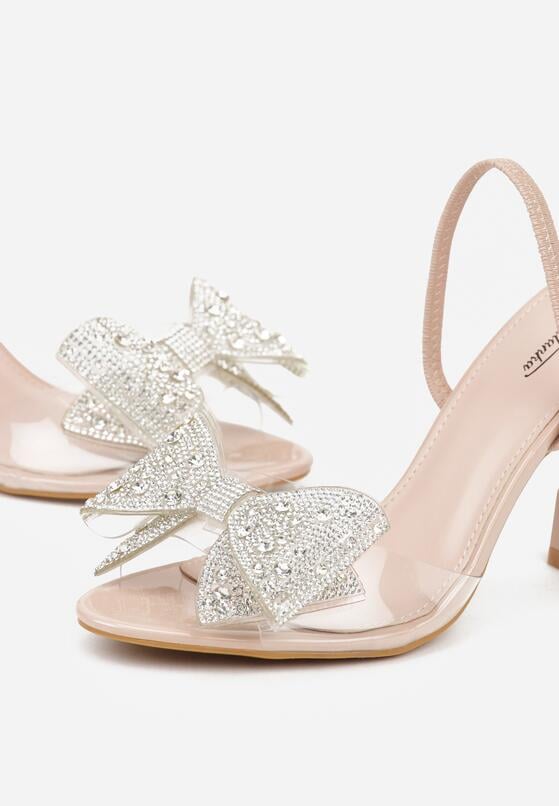 Beżowe Sandały na Szpilce z Transparentnym Paskiem i Kokardką z Cyrkoniami Celesti 7