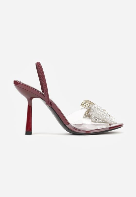 Bordowe Sandały na Szpilce z Transparentnym Paskiem i Kokardką z Cyrkoniami Celesti 4