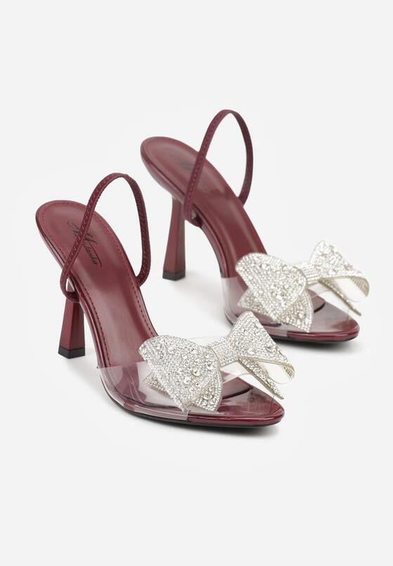 Bordowe Sandały na Szpilce z Transparentnym Paskiem i Kokardką z Cyrkoniami Celesti 5
