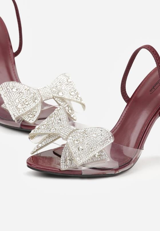 Bordowe Sandały na Szpilce z Transparentnym Paskiem i Kokardką z Cyrkoniami Celesti 6