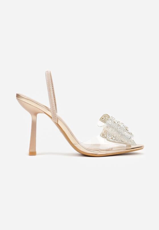 Szampańskie Sandały na Szpilce z Transparentnym Paskiem i Kokardką z Cyrkoniami Celesti 4