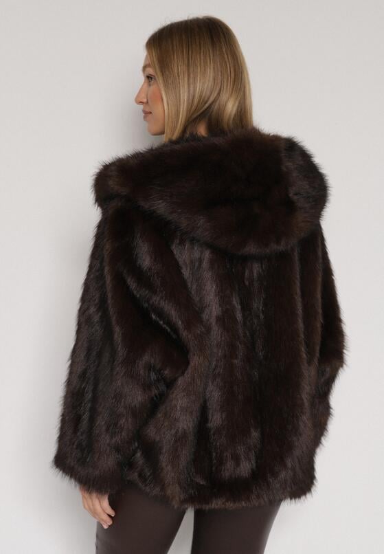 Brązowa Kurtka Futerko z Kapturem i Szerokim Kołnierzem Nalafera 3