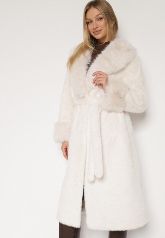 Biały Futerkowy Płaszcz z Szerokim Kołnierzem i Mankietami z Wiązanym Paskiem Viaruna 4