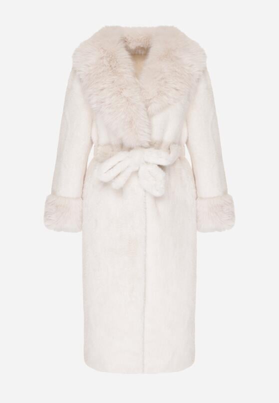 Biały Futerkowy Płaszcz z Szerokim Kołnierzem i Mankietami z Wiązanym Paskiem Viaruna 6