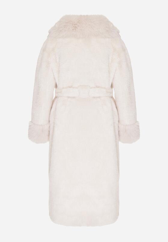 Biały Futerkowy Płaszcz z Szerokim Kołnierzem i Mankietami z Wiązanym Paskiem Viaruna 7