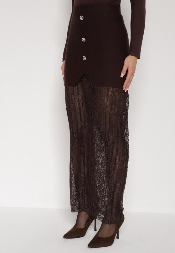 Brązowa Dzianinowa Spódnica z Wiskozą Zdobiona Koronką i Guzikami Sewora 1