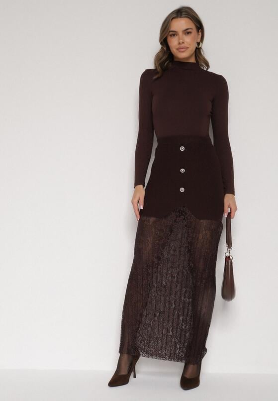 Brązowa Dzianinowa Spódnica z Wiskozą Zdobiona Koronką i Guzikami Sewora 2