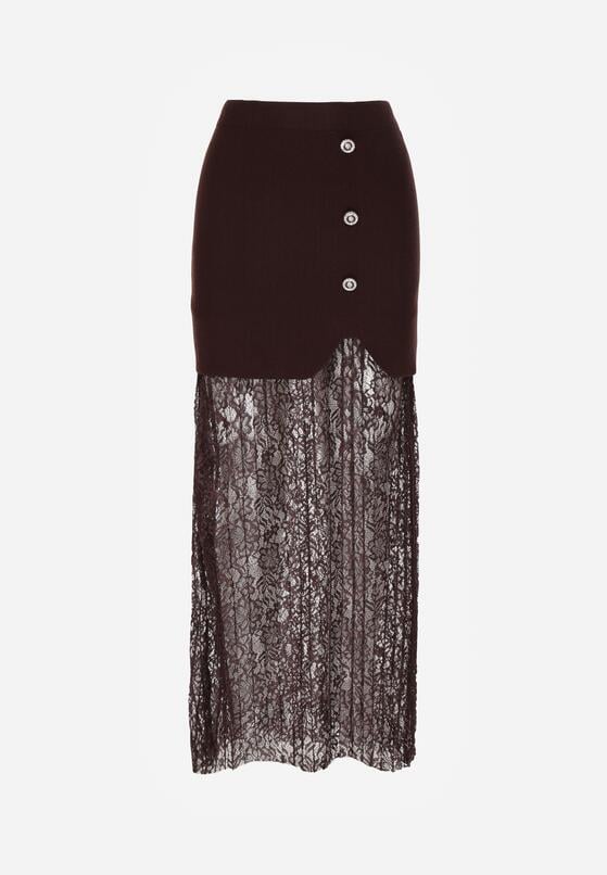Brązowa Dzianinowa Spódnica z Wiskozą Zdobiona Koronką i Guzikami Sewora 6