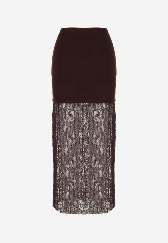 Brązowa Dzianinowa Spódnica z Wiskozą Zdobiona Koronką i Guzikami Sewora 7