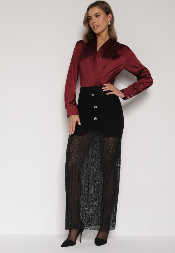 Czarna Dzianinowa Spódnica z Wiskozą Zdobiona Koronką i Guzikami Sewora 4