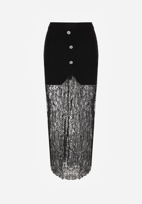Czarna Dzianinowa Spódnica z Wiskozą Zdobiona Koronką i Guzikami Sewora 6