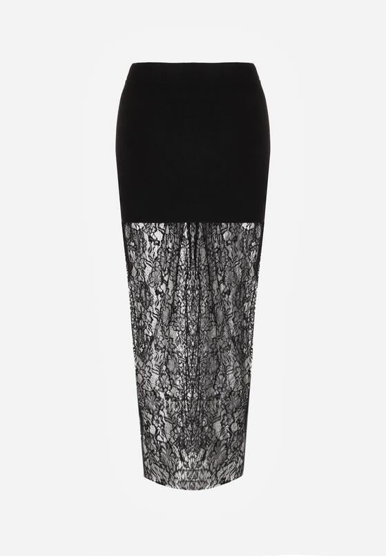 Czarna Dzianinowa Spódnica z Wiskozą Zdobiona Koronką i Guzikami Sewora 7