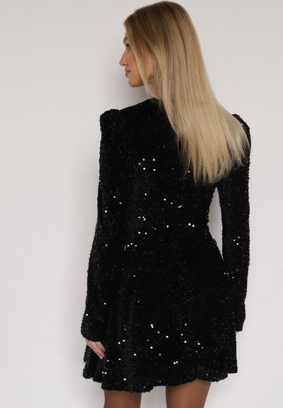 Czarna Cekinowa Sukienka Koktajlowa z Geometrycznymi Ramionami Reffera 3