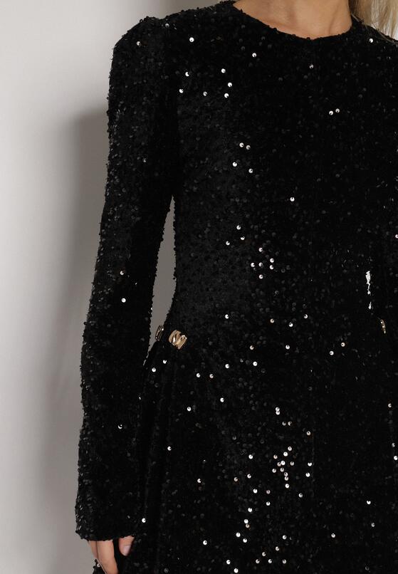 Czarna Cekinowa Sukienka Koktajlowa z Geometrycznymi Ramionami Reffera 5