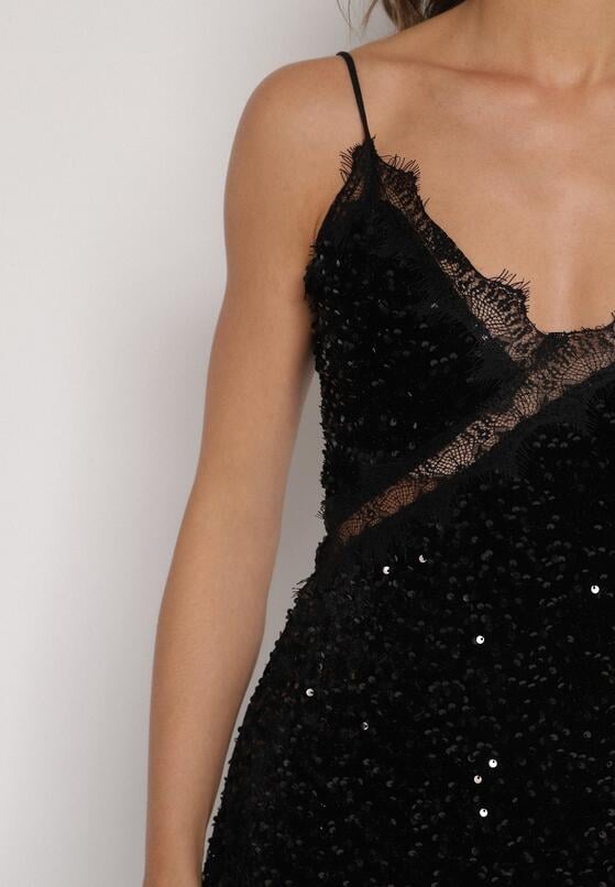 Czarna Sukienka o Asymetrycznym Kroju z Cekinami i Koronką Eldafera 5