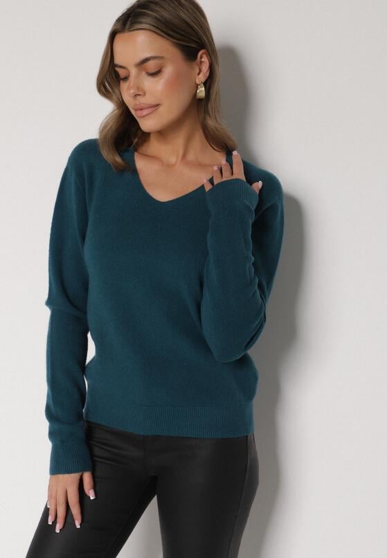 Niebieski Sweter z Wiskozą i Wełną z Dekoltem w Serek Claida 4