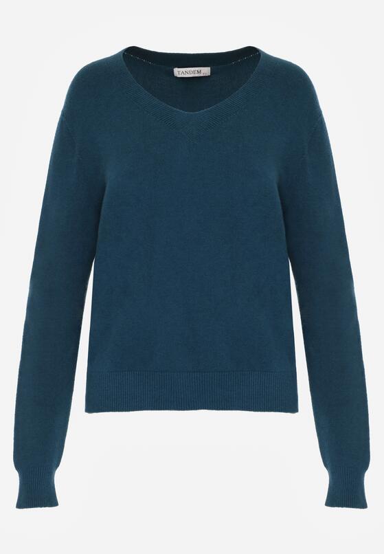 Niebieski Sweter z Wiskozą i Wełną z Dekoltem w Serek Claida 6