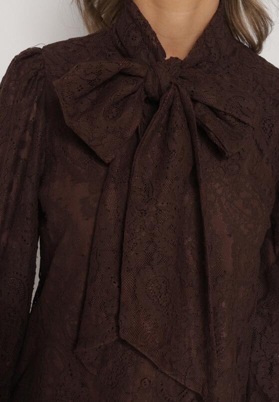 Brązowa Koronkowa Koszula z Bufiastymi Rękawami i Kokardą przy Dekolcie Sewane 5