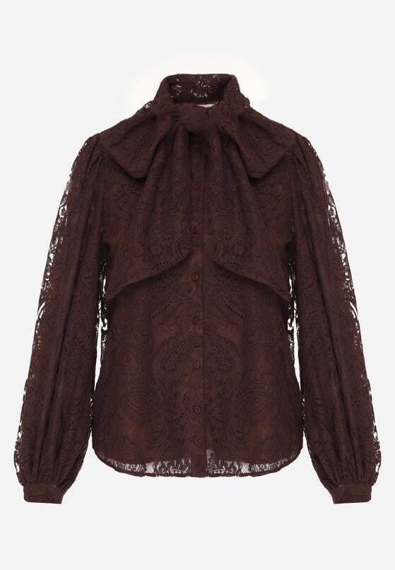 Brązowa Koronkowa Koszula z Bufiastymi Rękawami i Kokardą przy Dekolcie Sewane 6