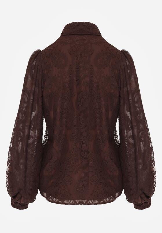 Brązowa Koronkowa Koszula z Bufiastymi Rękawami i Kokardą przy Dekolcie Sewane 7