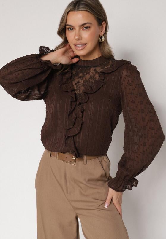 Brązowa Bluzka Zdobiona Koronką Falbankami i Metaliczną Nicią Feralea 1