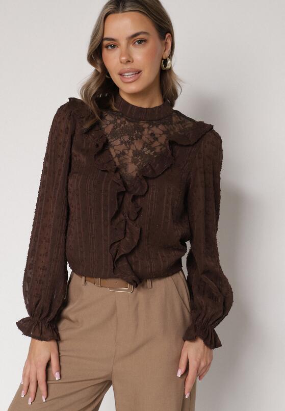 Brązowa Bluzka Zdobiona Koronką Falbankami i Metaliczną Nicią Feralea 2