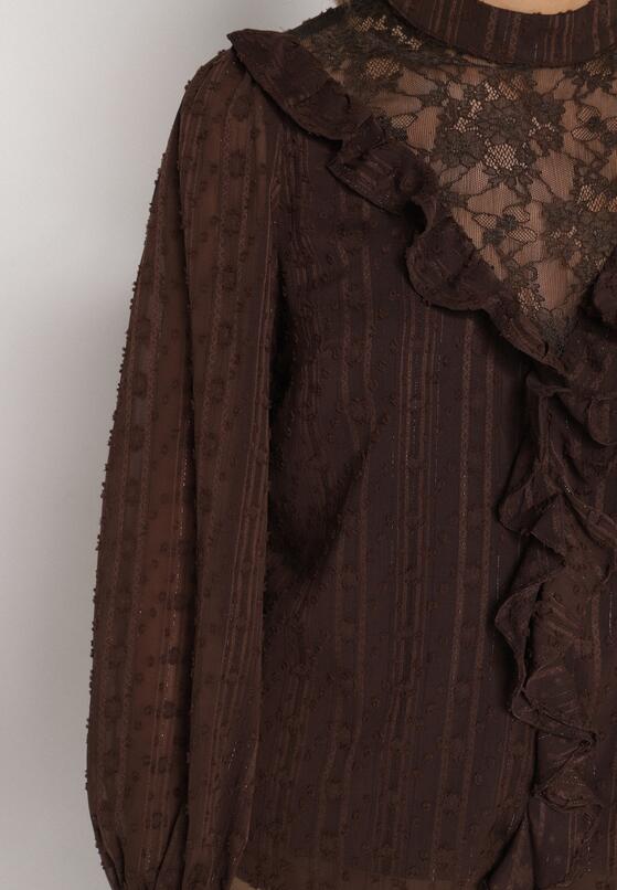 Brązowa Bluzka Zdobiona Koronką Falbankami i Metaliczną Nicią Feralea 5