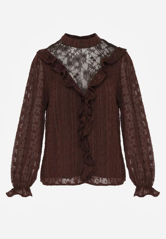 Brązowa Bluzka Zdobiona Koronką Falbankami i Metaliczną Nicią Feralea 6