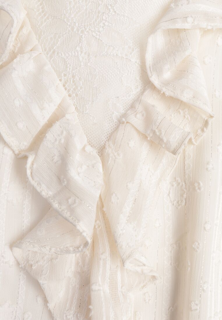 Beżowa Bluzka Zdobiona Koronką Falbankami i Metaliczną Nicią Feralea 8