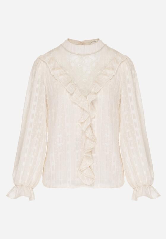 Beżowa Bluzka Zdobiona Koronką Falbankami i Metaliczną Nicią Feralea 6