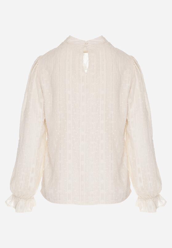 Beżowa Bluzka Zdobiona Koronką Falbankami i Metaliczną Nicią Feralea 7